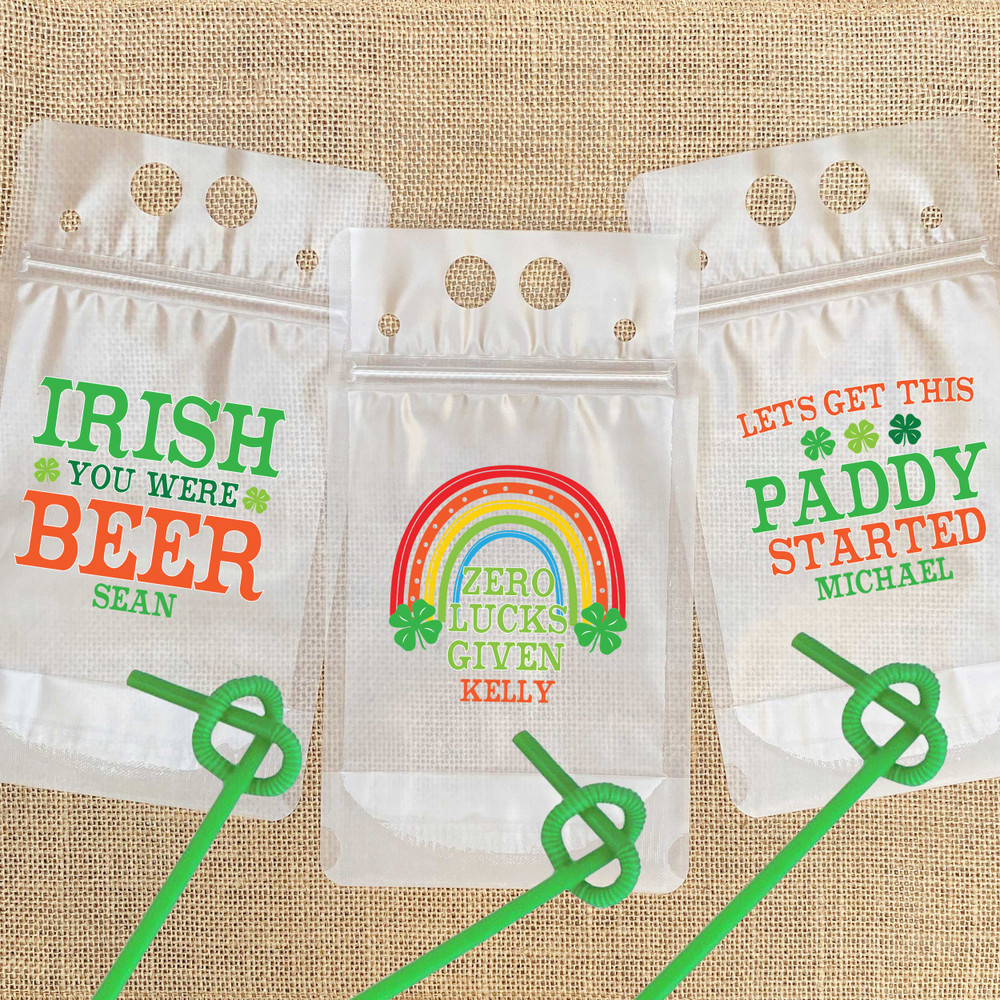 St. Patrick's Day Party Favors for Adults - Custom Drink Pouches  - Personalized Wine Pouches - Adult Juice Pouch - Custom St. Patrick's Day Party Cups - Plastic Drink Bags with Names