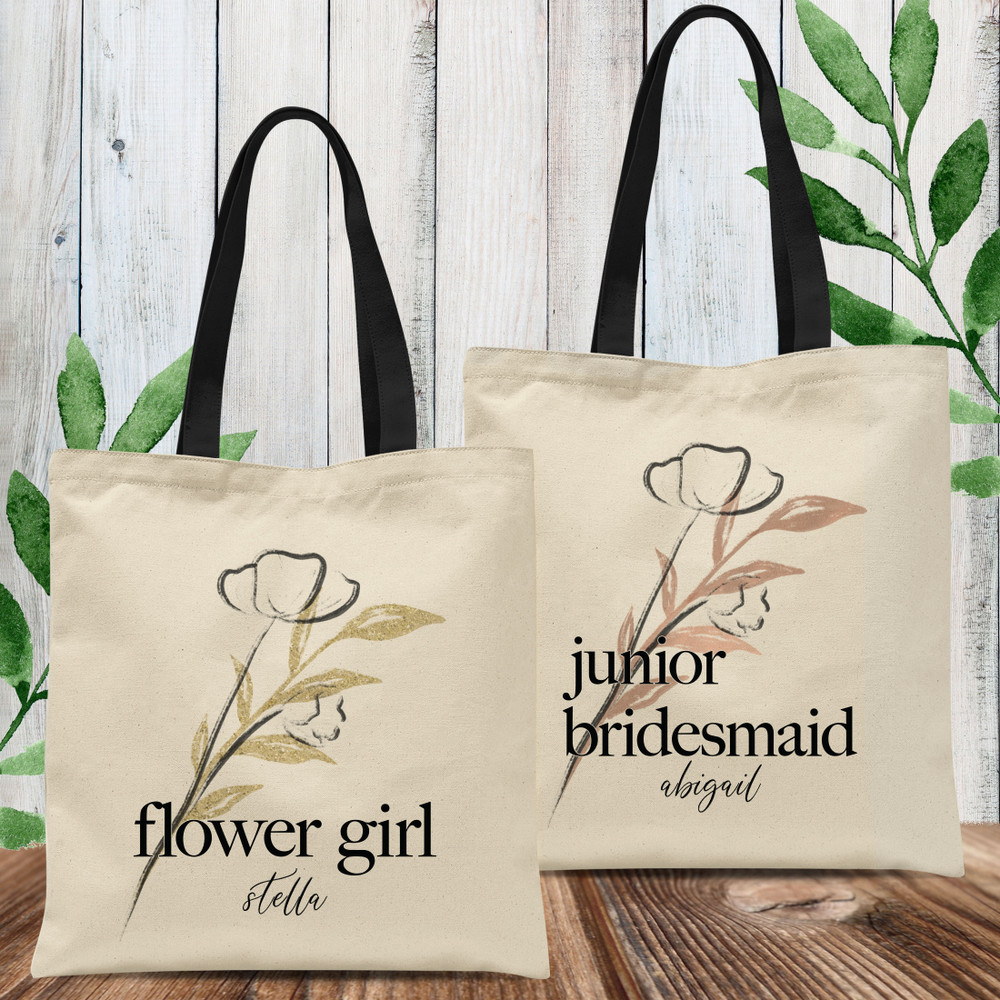 Personalized Flower Girl Tote Bags -  Personalized Bridal Party Tote Bags - Minimalist Junior Bridesmaid Proposal Bags - Blush and Champagne Wedding - Bridal Party Gift Bags - Junior Bridesmaid Bags with Names - Flower Girl Gift Bags