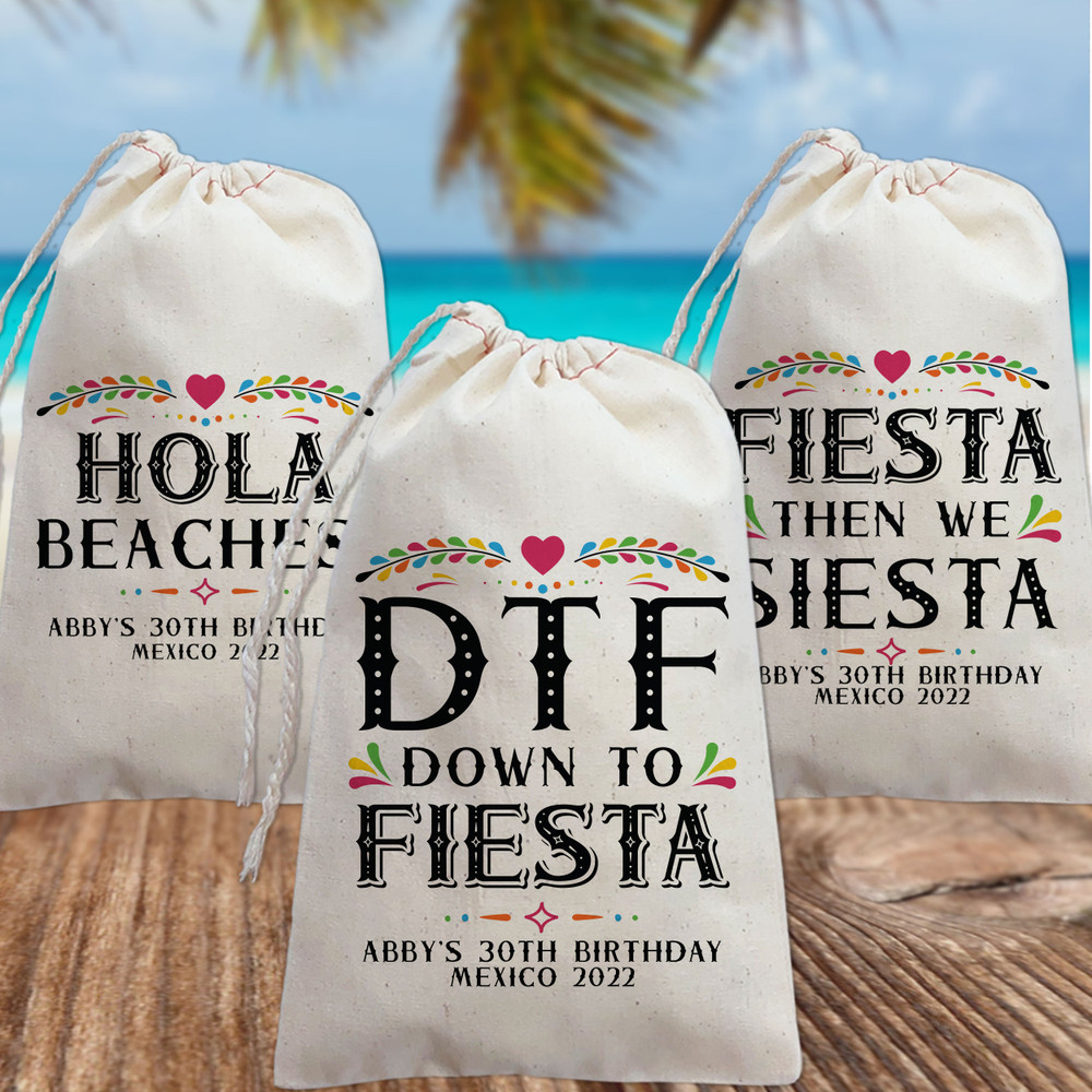 Bulk Mexico Party Favor Bags - Fiesta Bachelorette Bags - Drawstring Favor Bags for Mexico Vacation - Fiesta Then We Siesta Bags - Hola Beaches Bags - DTF Down to Fiesta Bags