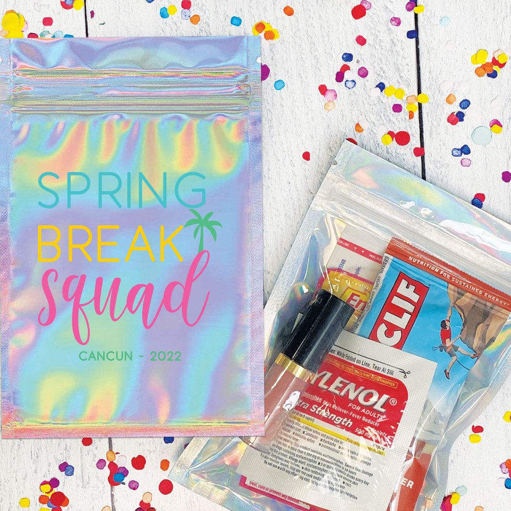 Spring Break Squad Favor Bags - Spring Break Goodie Bags - Spring Break Hangover Kit Bags - Spring Break Gift Bags - Spring Break Party Favor Bags - Holographic Bags with Hot Pink, Yellow, Blue, and Green Palm Tree Design