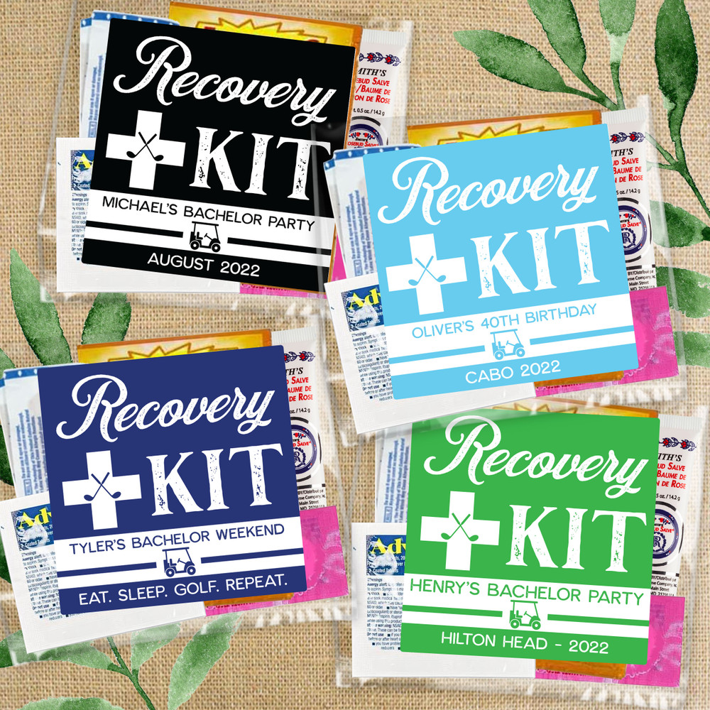 Golf Par-Tee Custom Survival Kit Labels + Bags - Personalized Golf Party Favors for Adults - Mens Birthday Favors - Golf Hangover Kit  Labels + Bags - Custom Hangover Recovery Kit Bags + Stickers - Golfing Bachelor Party Favors: Blue, Navy, Green, Black