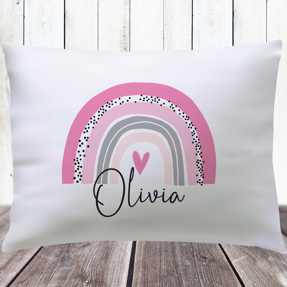 Pink Rainbow Personalized Pillowcase for Girls - Boho Rainbow Girls Bedding - Boho Rainbow Girls Room Decor - Pastel Pink, Bubblegum Pink and Gray Bedroom Pillowcase with Name