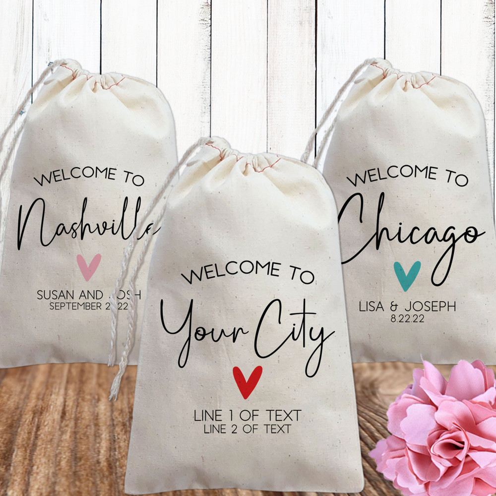 Destination Wedding Welcome Bags for Guests - Custom Canvas Drawstring Favor Bags - Wedding Welcome Gift Bags  for Hotel Room - Personalized Modern Wedding Favor Bags with Minimalist Design for Any City