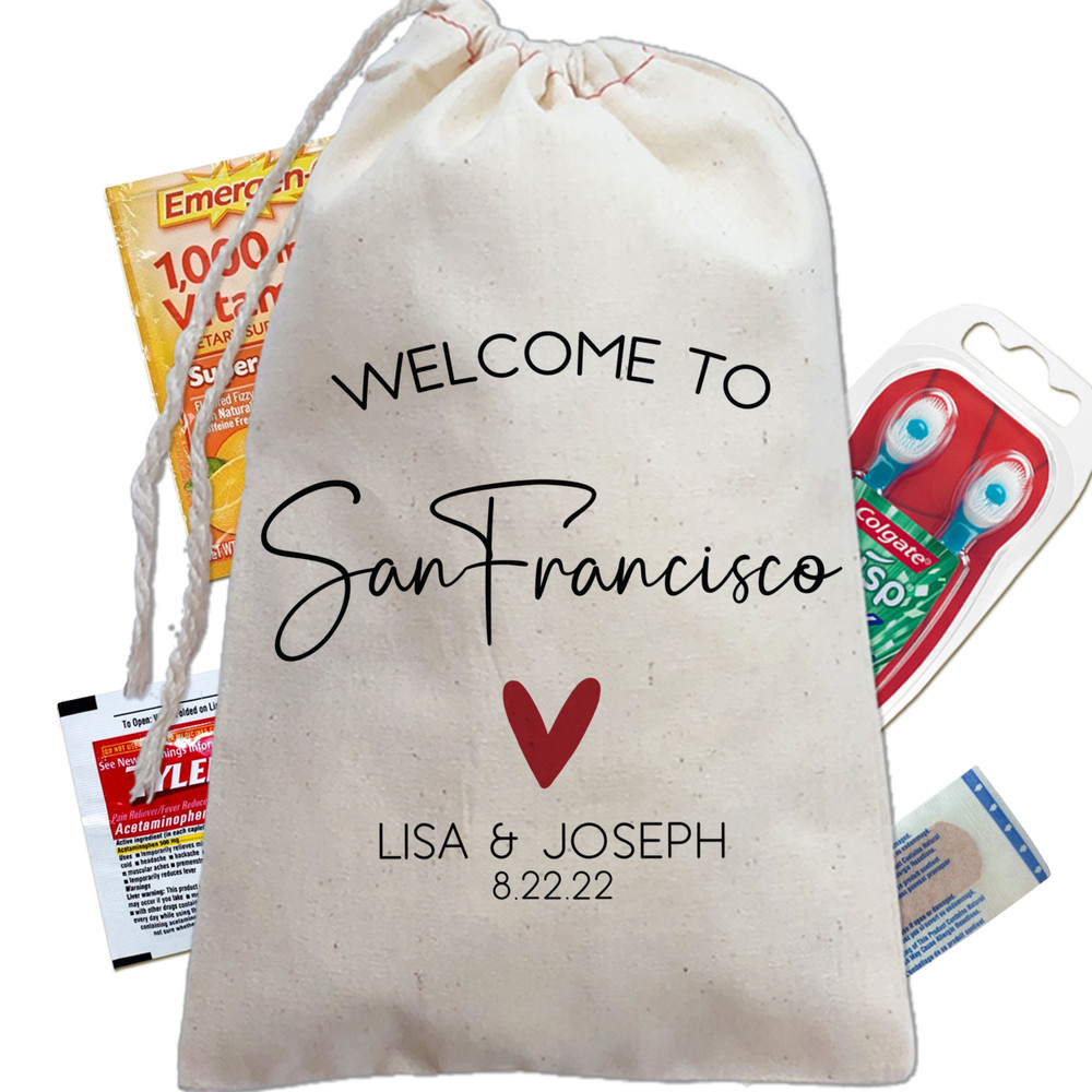 Welcome to San Francisco Wedding Favor Bags - Destination Wedding Welcome Bags for Guests - Custom Canvas Drawstring Favor Bags - Wedding Welcome Gift Bags  for Hotel Room - Personalized Modern Wedding Favor Bags