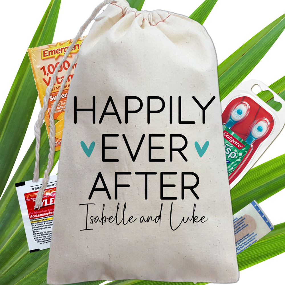 Happily Ever After Wedding Favor Bags - Custom Name Wedding Favor Bags for Guests in Bulk - Personalized Wedding Welcome Gift Bags for Hotel Room - Modern Wedding Favors - Canvas Fabric Drawstring Favor Bags