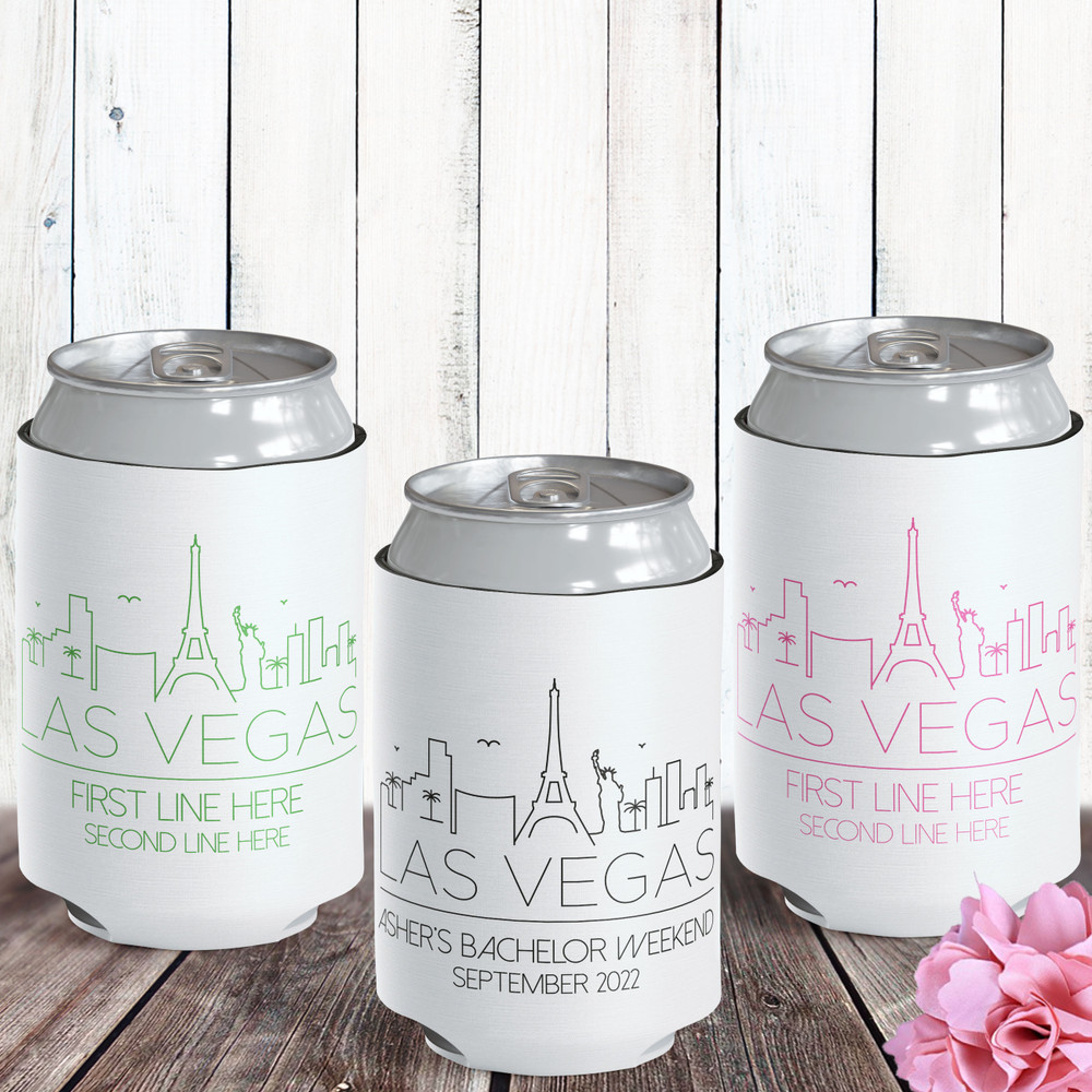 Destination Wedding Can Coolers in Bulk - Las Vegas, Nevada City Skyline Can Coolers - Modern Wedding Favors  - Custom Printed Can Cozies in your Wedding Colors - Personalized Slim Can Sleeves for Seltzer - Customized Bulk Skinny Can Hugs =