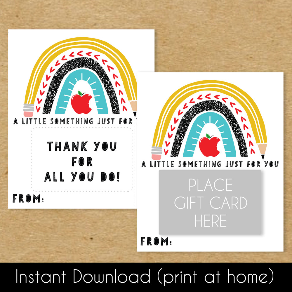 Printable Teacher Gift Card Holders - Digital File - Instant Download - Teacher Gift Card Holder to Print at Home - Teacher Appreciation Card - Rainbow with Pencil and Apple