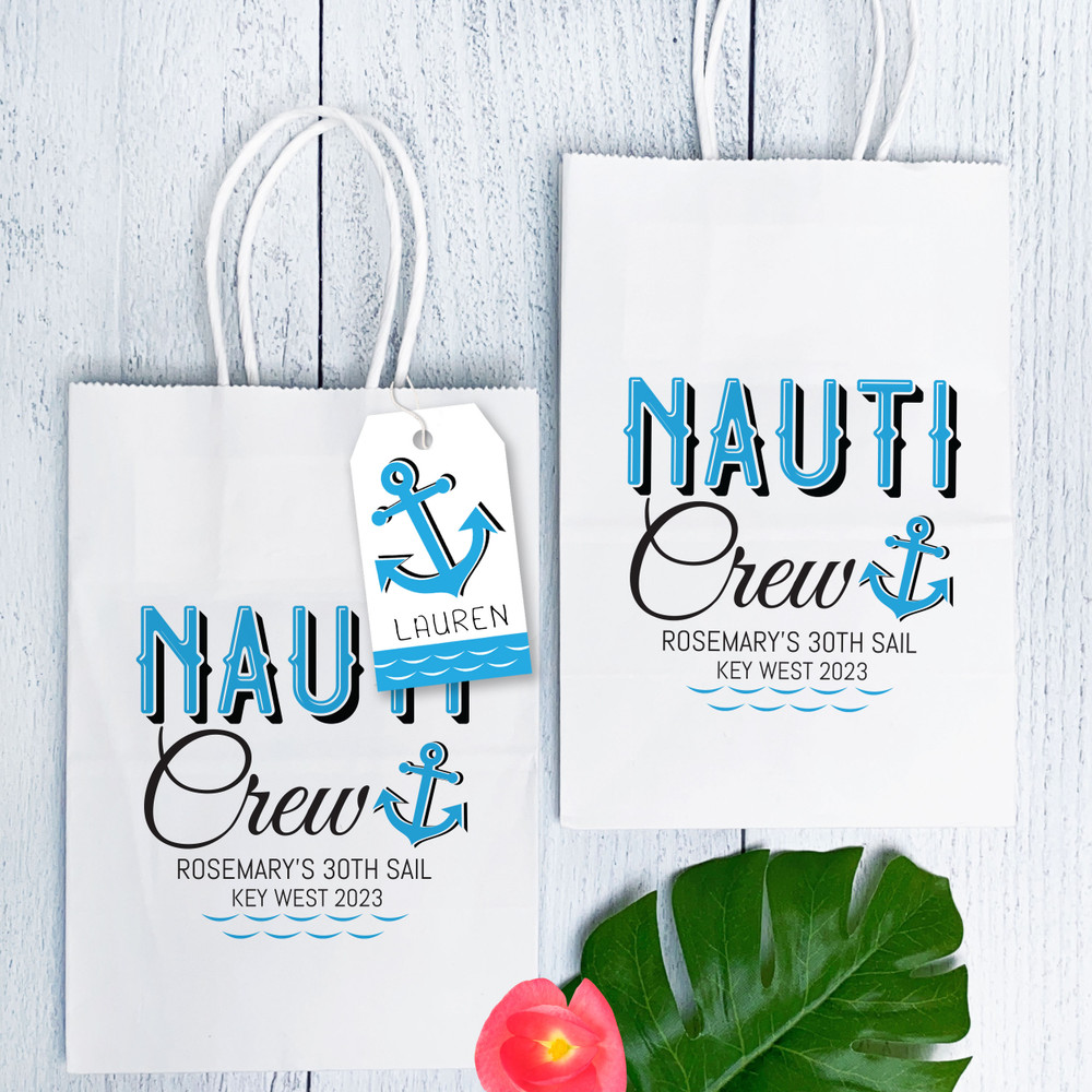 Nauti Crew Custom Boat Party Gift Bags - Nautical Bachelorette Party Favor Bags - Personalized Gift Bags for Nautical Birthday Party - Boat Party Decorations + Paper Handle Bags