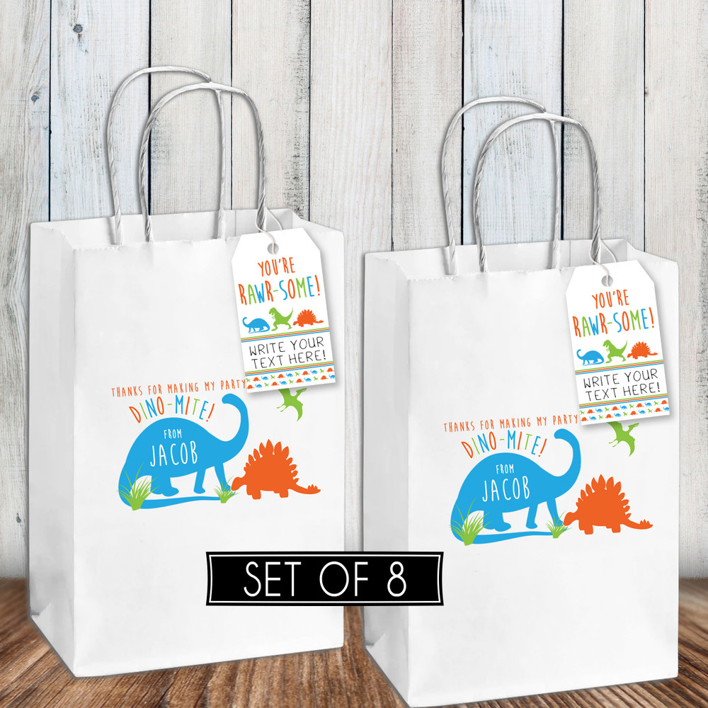Jurassic Dinosaur Custom Paper Goodie Bags with Handles -  Kids Dinosaur Birthday Party Favor Bags - Personalized Dinosaur Gift Bags