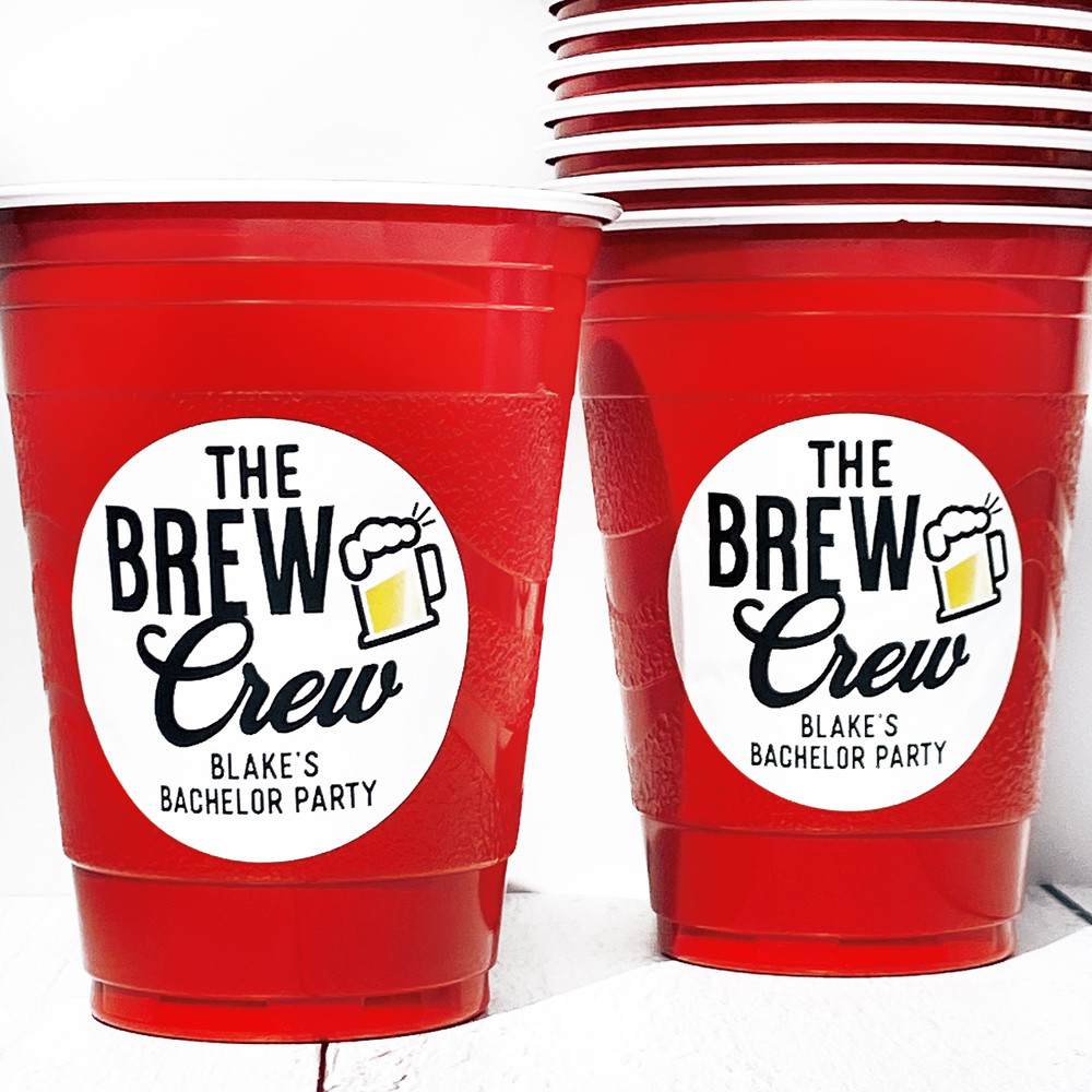 Brew Crew Stickers - Beer Birthday Party Favor Labels - Adult Party Favor Stickers - Waterproof Labels for Cups - Adult Party Supplies - Bachelor Party Decorations