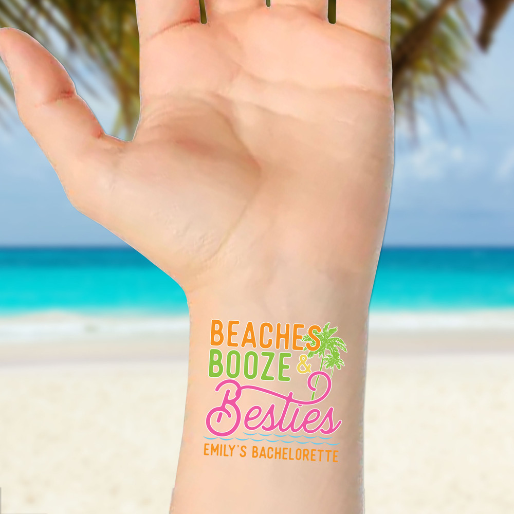 Beaches Booze and Besties - Beach Bachelorette Tattoos - Custom Fake Tattoos - Bachelorette Party Favors - Beach Girls Trip Accessories - Set of 12 Press On Tattoos - Personalized Tattoo Pack for Beach Vacation