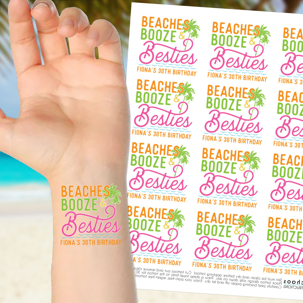 Beaches Booze and Besties - Beach Bachelorette Tattoos - Custom Fake Tattoos - Bachelorette Party Favors - Beach Girls Trip Accessories - Set of 12 Press On Tattoos - Personalized Tattoo Pack for Beach Vacation