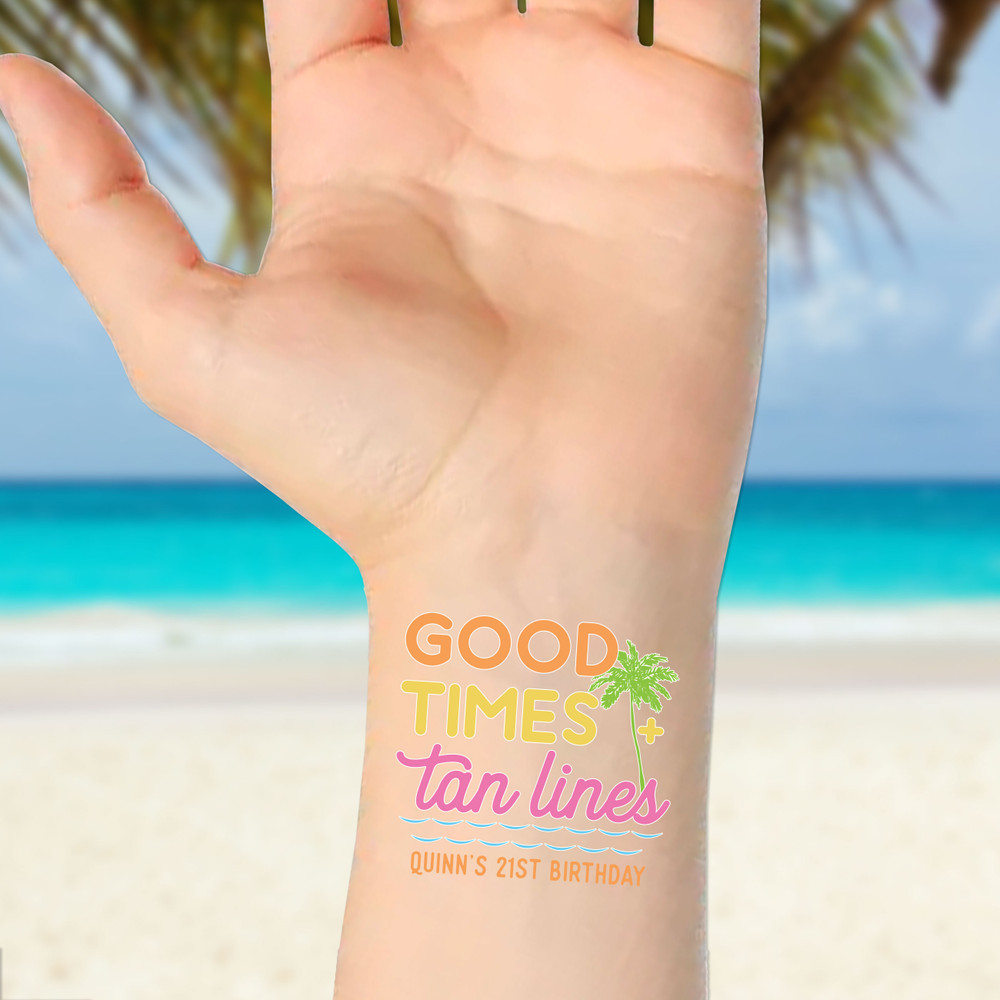 Good Times and Tan Lines Palm Tree Tattoos - Beach Bachelorette Custom Tattoos - Custom Fake Tattoos - Bachelorette Party Favors - Beach Girls Trip Accessories - Set of 12 Press On Tattoos - Personalized Tattoo Pack for Beach Vacation