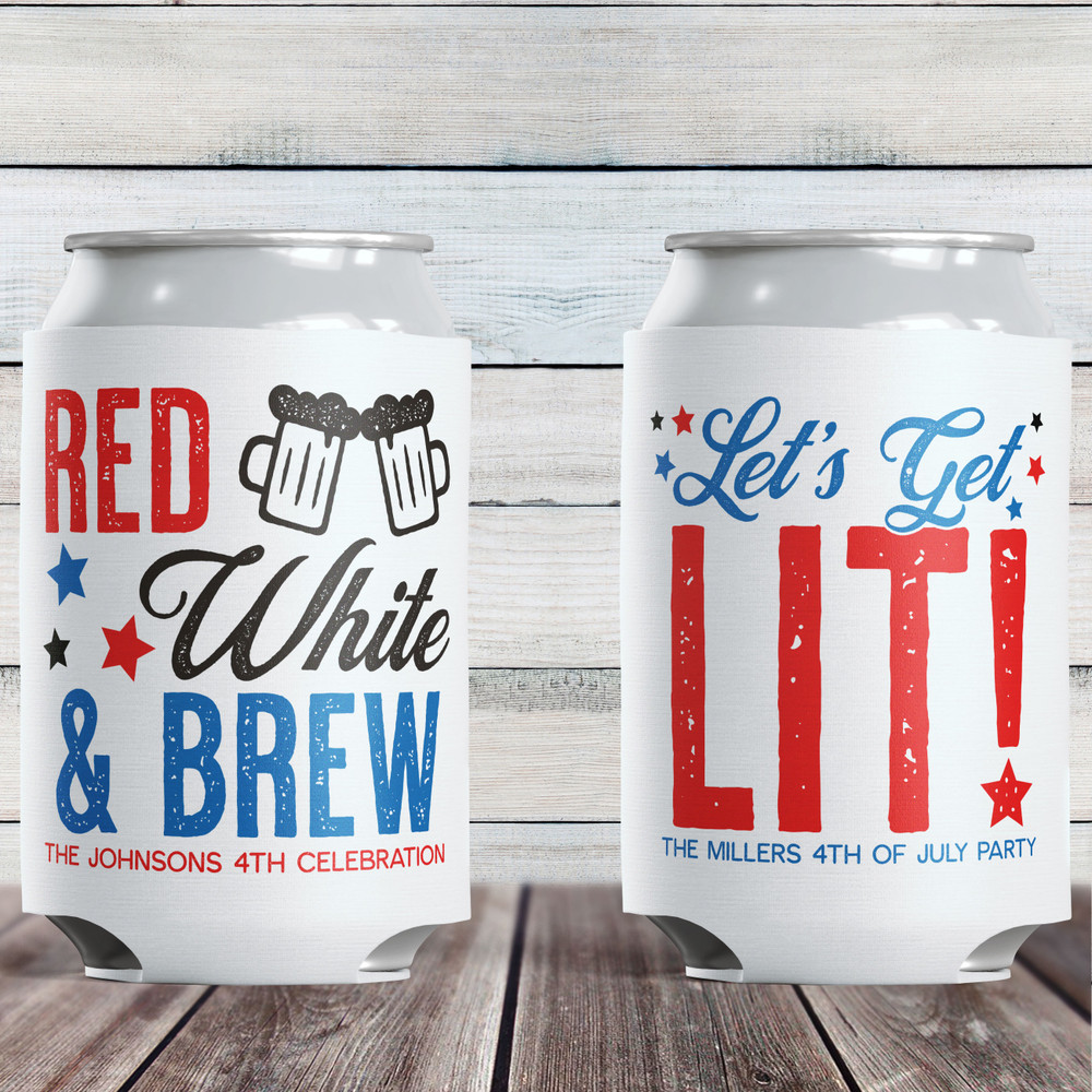 4th of July Personalized Can Coolers - Fourth of July Party Favors for Adults - Bulk Customized Can Cozies - Slim Can Sleeves + Hard Seltzer Can Cozy - Red White and Brew - Let's Get Lit - American Flag Party Supplies - USA Party Decorations