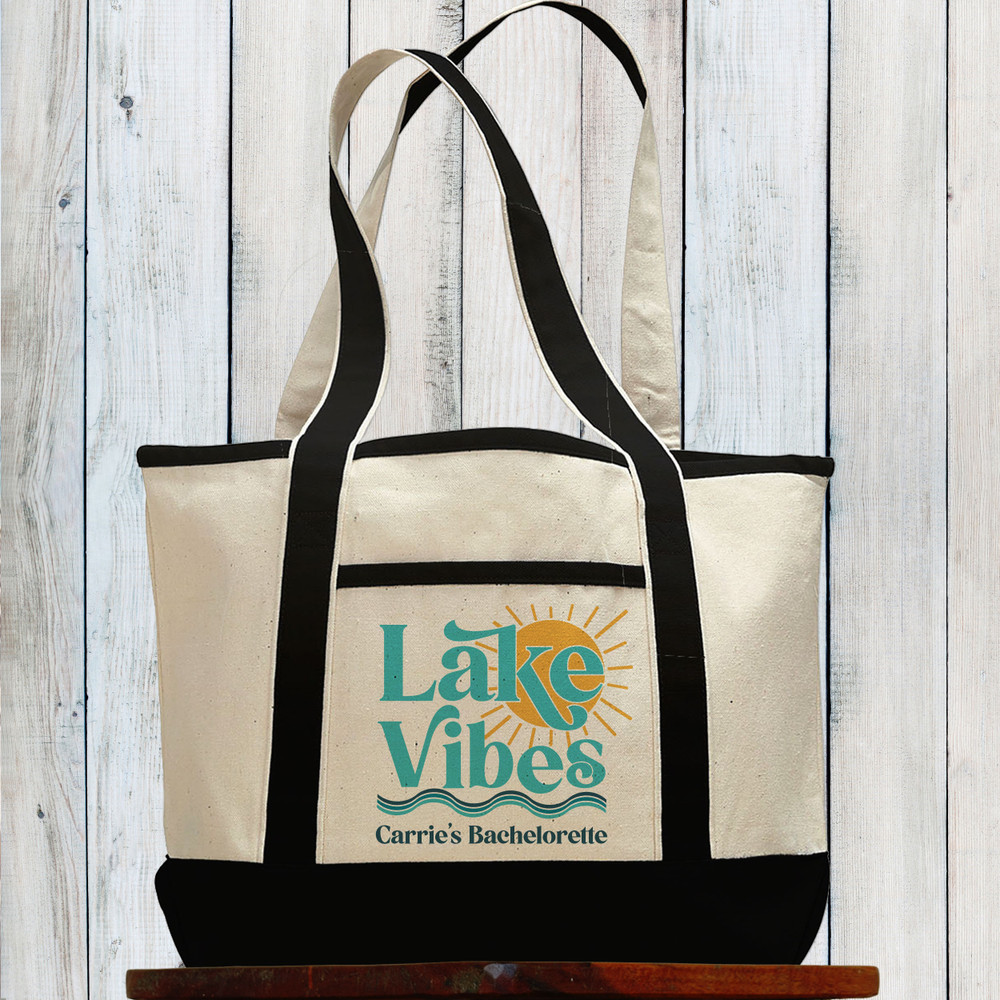Lake Vibes Canvas Tote Bag  - Personalized Beach Bag - Customized Beach Bags - Vacation Beach Tote Bags - Lake Bachelorette Party Bags