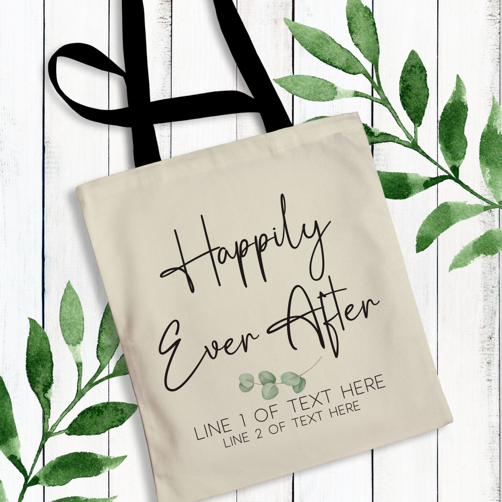 Happily Ever After Custom Wedding Welcome Bags - Eucalyptus Wedding Tote Bags  Personalized Wedding Gift Bags for Hotel Room - Bulk Wedding Welcome Totes for Guests