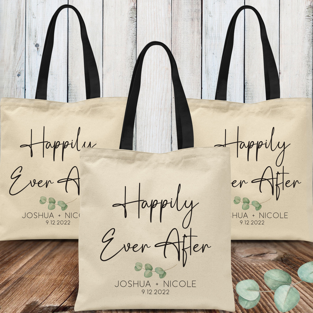 Happily Ever After Custom Wedding Welcome Bags - Eucalyptus Wedding Tote Bags  Personalized Wedding Gift Bags for Hotel Room - Bulk Wedding Welcome Totes for Guests