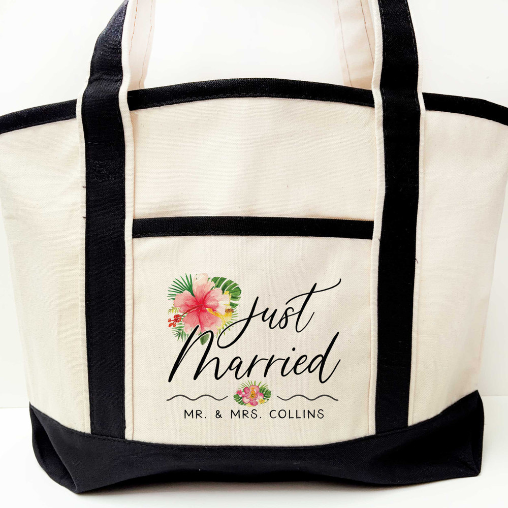 Tropical Floral Just Married Beach Tote