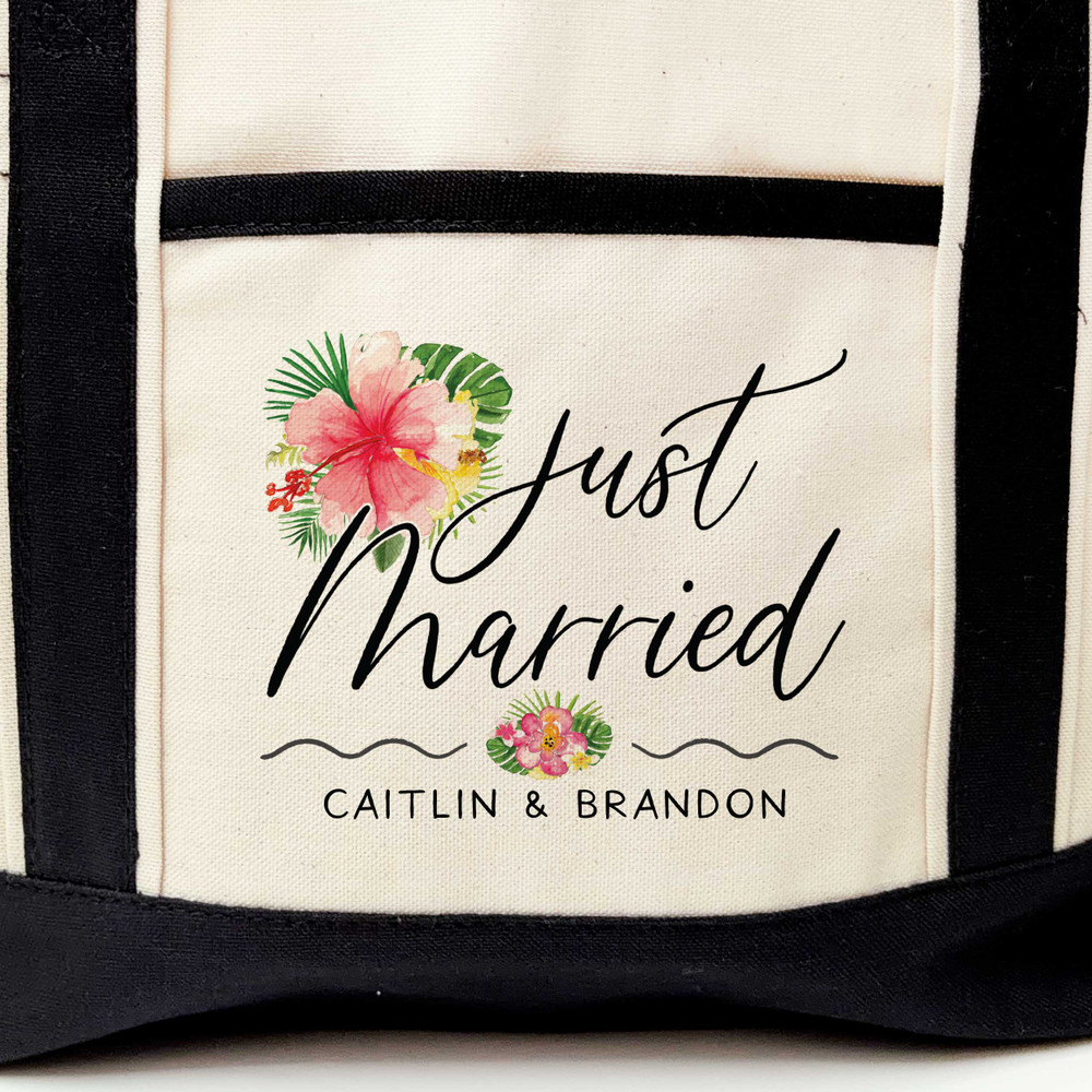 Tropical Floral Just Married Beach Tote