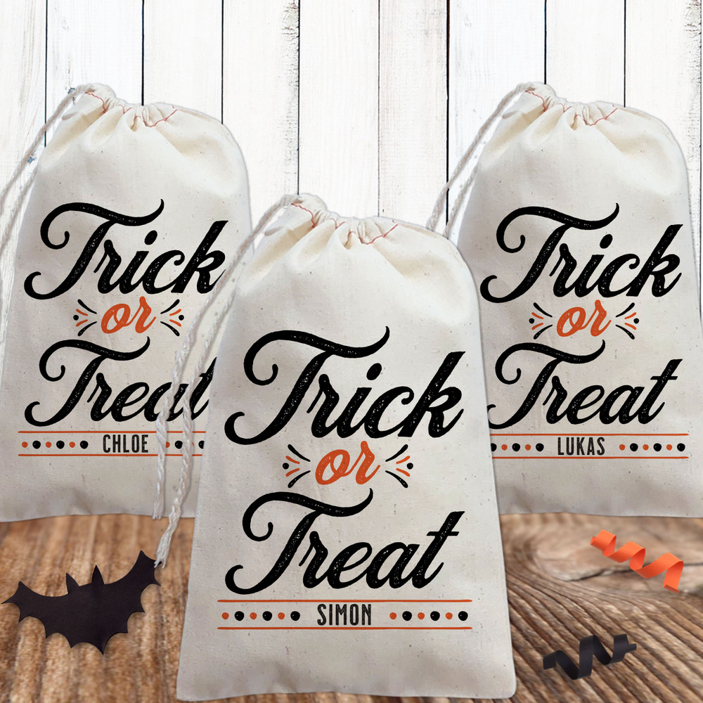 Trick or Treat Bags - Personalized Halloween Candy Bags - Halloween Party Favor Bags with Names - Custom Canvas Favor Bags for Halloween Parties