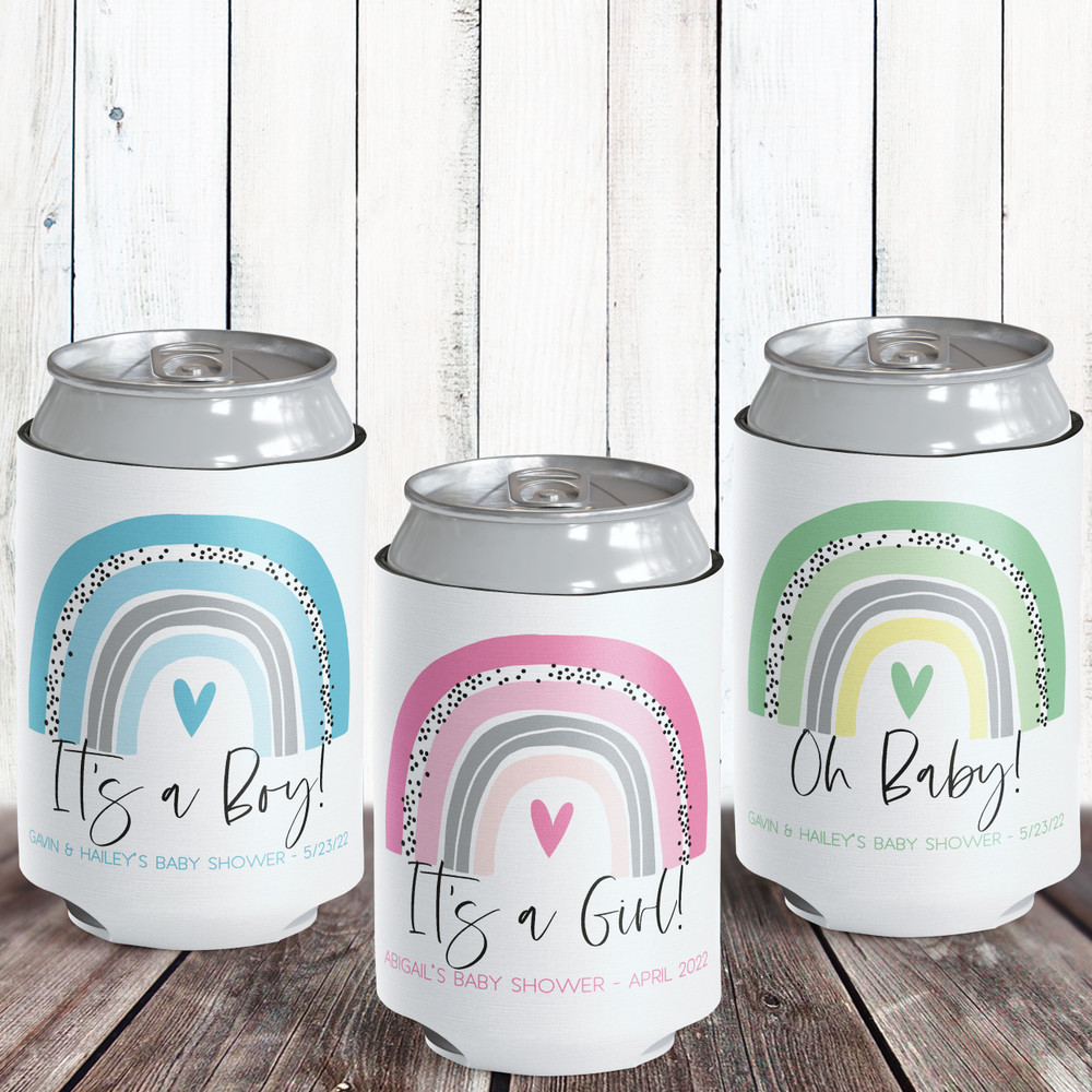 Pastel Boho Rainbow Baby Shower Favors - Custom Baby Shower Can Coolers - Boy Baby Shower Supplies - Personalized Slim Baby Shower Can Cozies  - Gender Reveal Party Favors