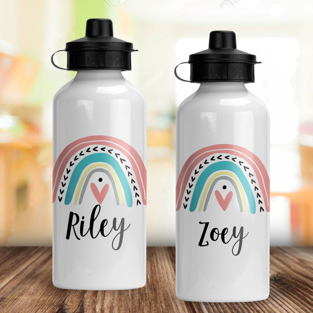Mod Rainbow Custom Water Bottle - Personalized Aluminum Water Bottle for Girls - Pastel Boho Rainbow Water Bottle - Reusable Metal Water Bottles for Kids