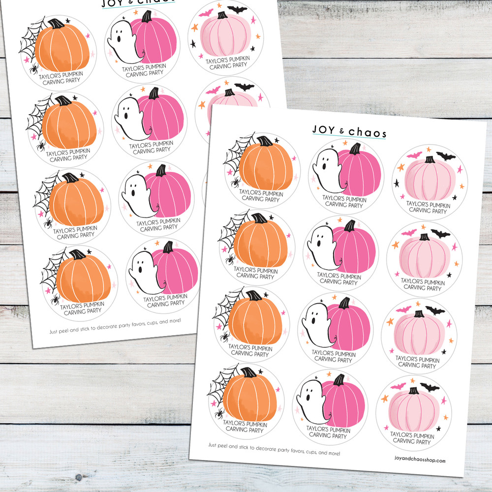 Pink Pumpkin Halloween Party Favor Labels - Custom Halloween Stickers - Waterproof Cup Stickers for Adult Halloween Party