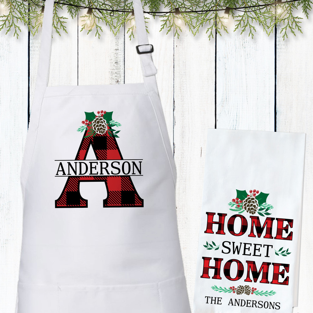 Plaid Pinecone Monogrammed Aprons