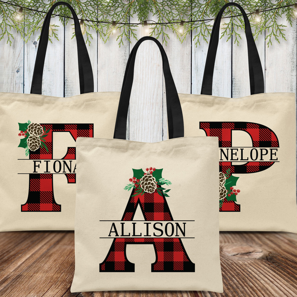 Plaid Pinecone Monogrammed Tote Bags