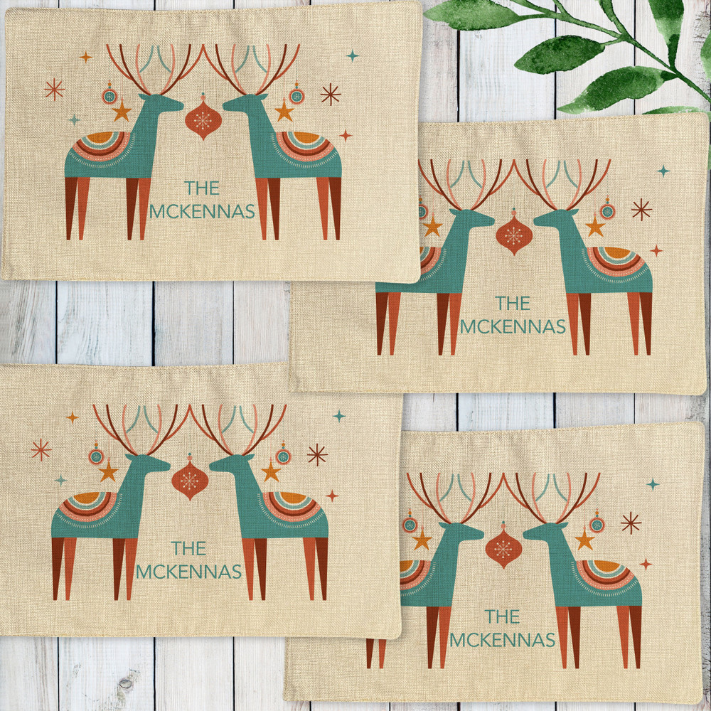 Boho Christmas Reindeer Placemats - Custom Rustic Christmas Placemat Set - Personalized Holiday Placemats - Bohemian Table Decor for Winter - Linen Placemats