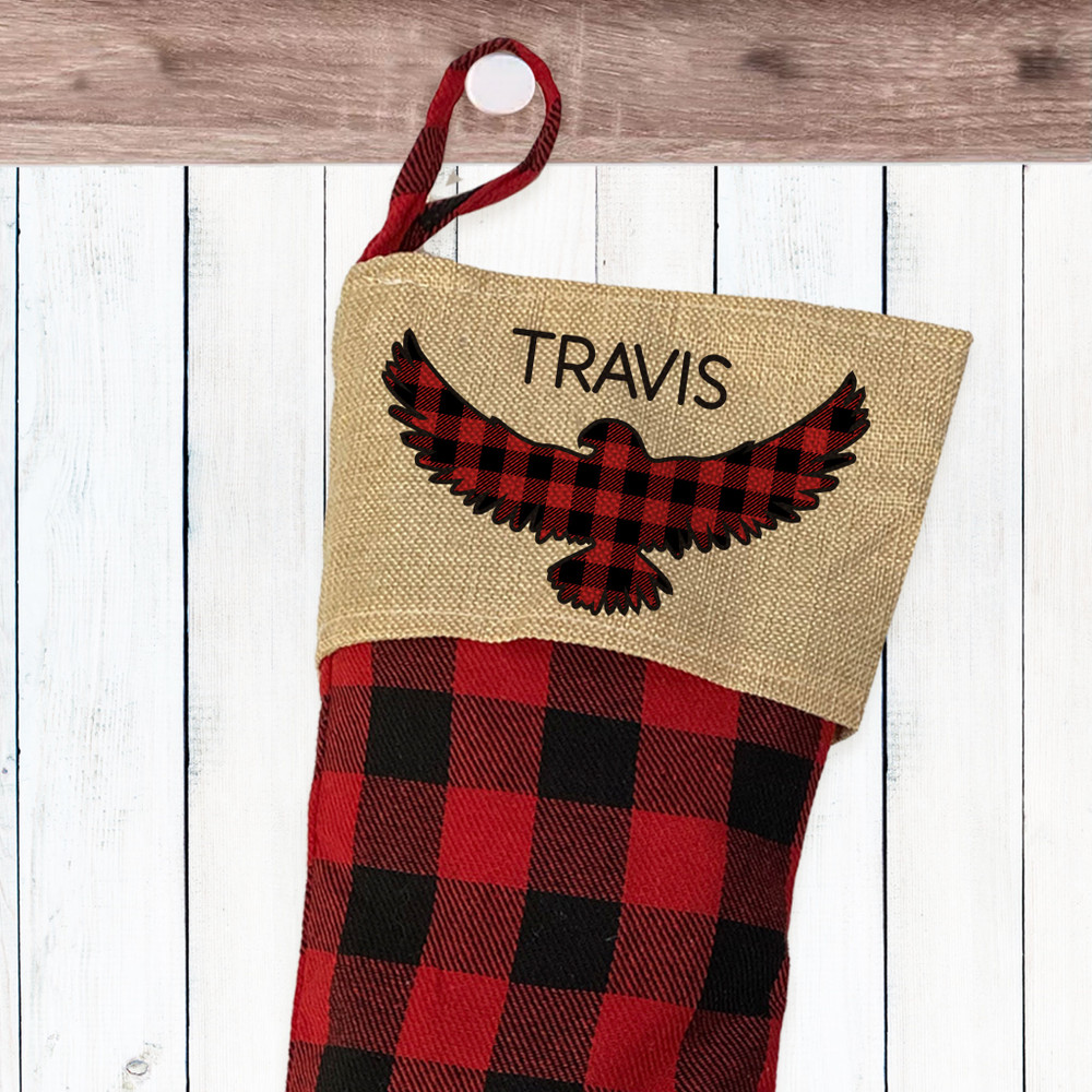 Rustic Cabin Christmas Stockings - Personalized Plaid Christmas Stocking - Buffalo Check Plaid Christmas Decor - Custom Name Stocking with Eagle
