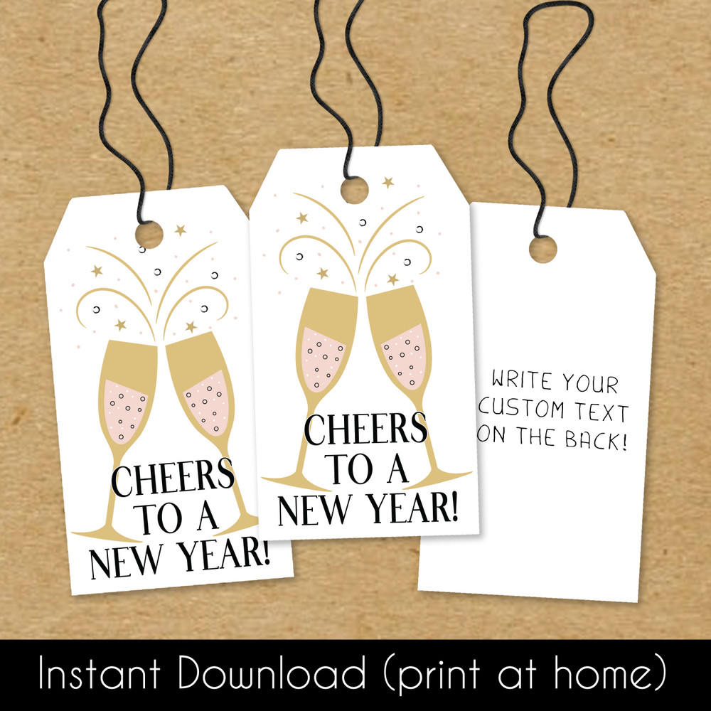 Printable New Years Party Favor Tags -  NYE Printable Decorations - Hang Tags (Instant Download) - Digital File to Print at Home - Adult New Years Eve Party Supplies - Champagne Glass Favors and Rose Gold Party Decor