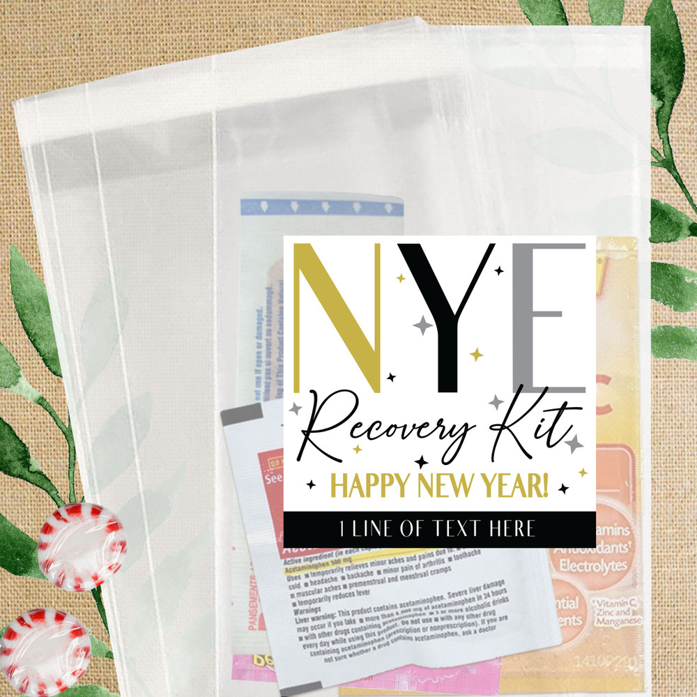 Modern New Years Eve Recovery Kit Stickers - Custom Hangover Recovery Kit Favor Labels - New Years Party Favor Decals  - New Years Eve Party Supplies for Adults - Hangover Kit Stickers - NYE Classy Favor Decals - Black and Gold Party Supplies and Decorations