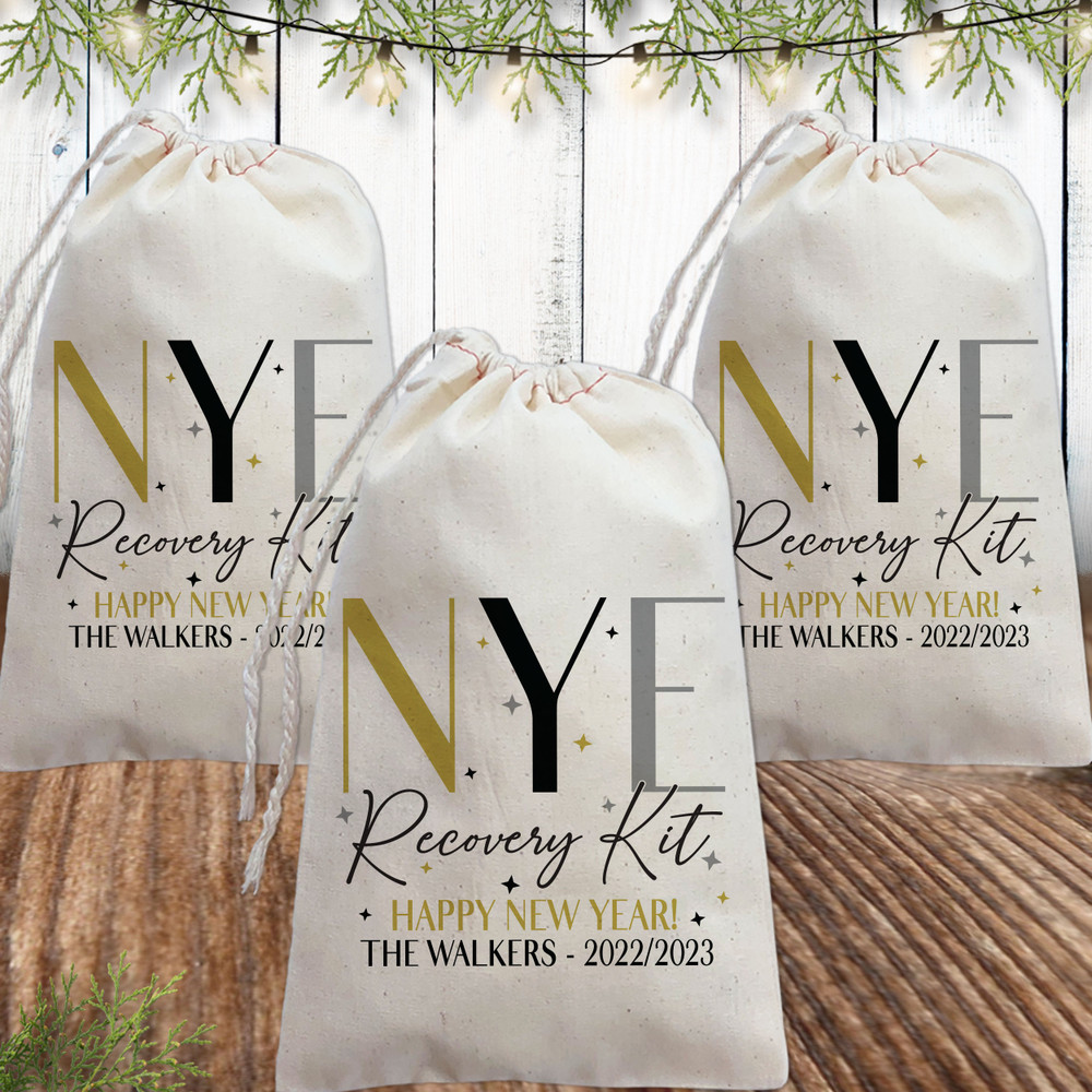 Modern New Years Eve Recovery Kit Bags - Happy New Year Hangover Kit Bags - Custom Hangover Recovery Kit Bags  for Adult NYE - Personalized New Years Eve Party Favors - Black and Gold Party Supplies and Decor