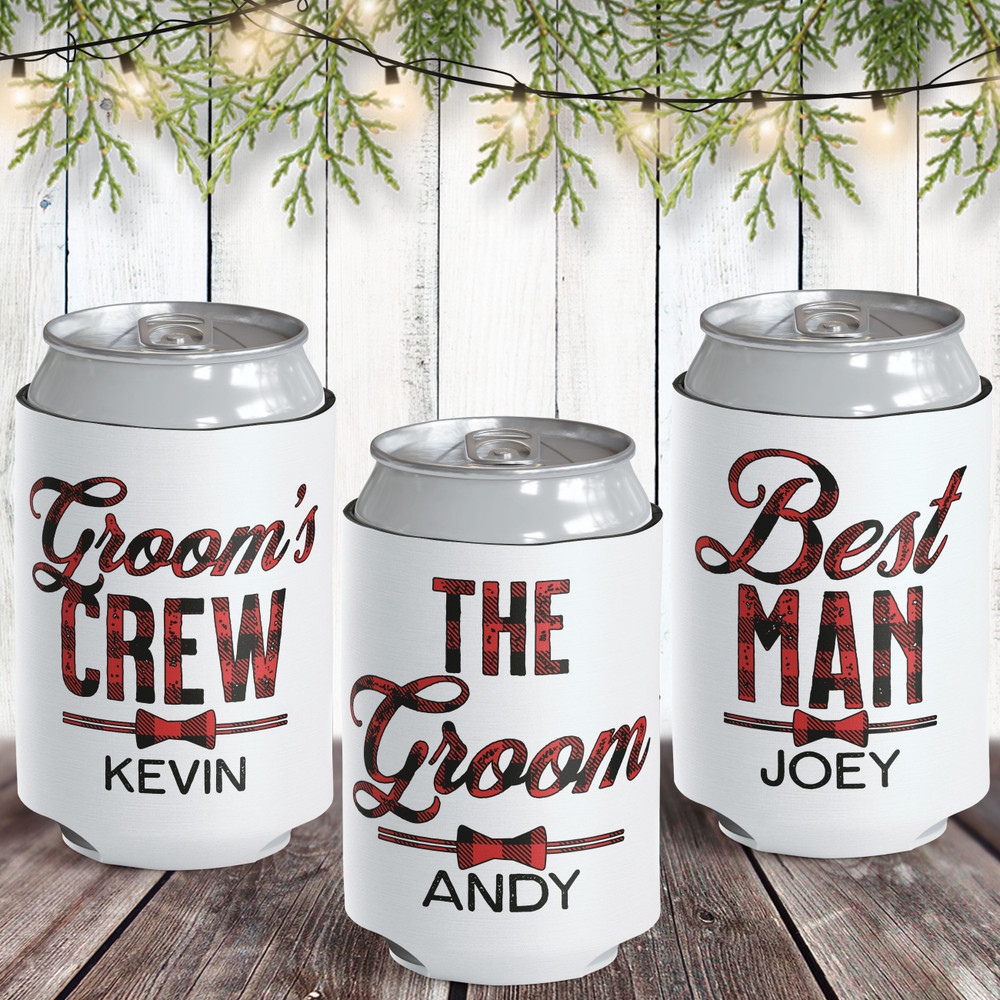 Custom Can Coolers for Bachelor Party - Plaid Groom's Crew Wedding Party Groomsman Can Cozies - Personalized Best Man Can Cozy