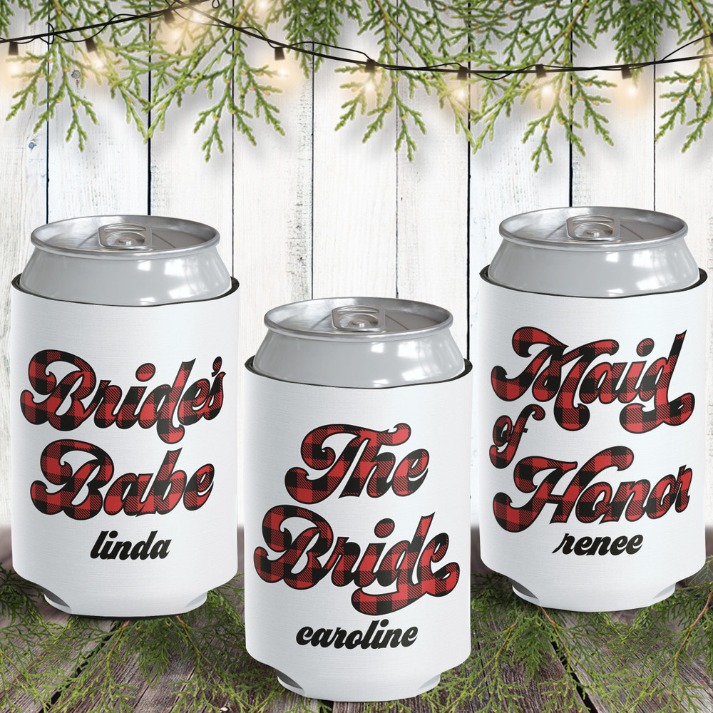 Retro Plaid Bridal Party Can Coolers  - Custom Can Cozy for The Bride - Custom Can Cozy for Maid of Honor - Plaid Bachelorette Party Can Cozies - Flannel Fling Drink Huggers