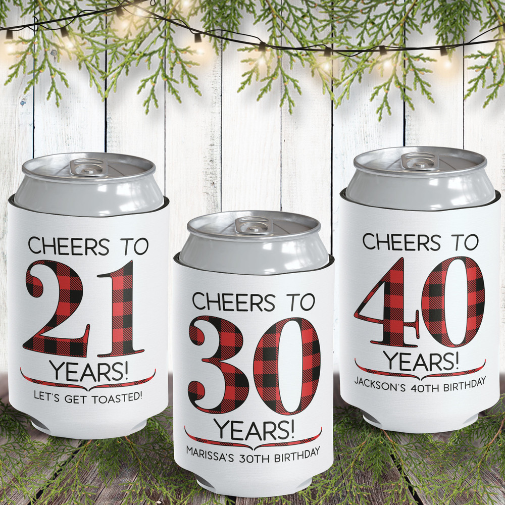 Custom Plaid Can Coolers for Birthday or Anniversary Insulated Slim Can Sleeves - Drink Can Hugs with Names -Cheers to 21 Years - Cheers to 30 Years - Cheers to 40 Years Party Favors - Custom Plaid Can Cozies