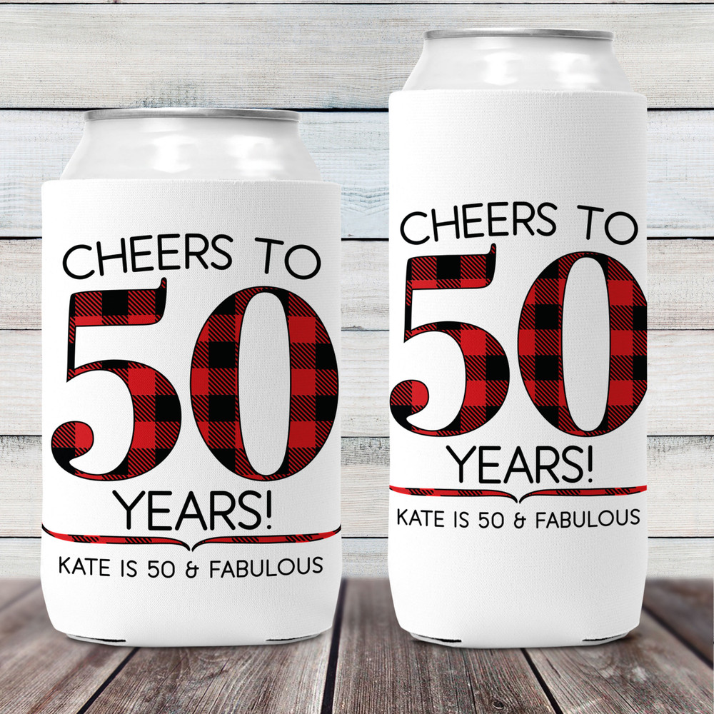 Custom 50th Birthday Can Coolers - Insulated Slim Can Sleeves - Drink Can Hugs with Names -Cheers to 50 Years Party Favors - Custom Plaid Can Cozies