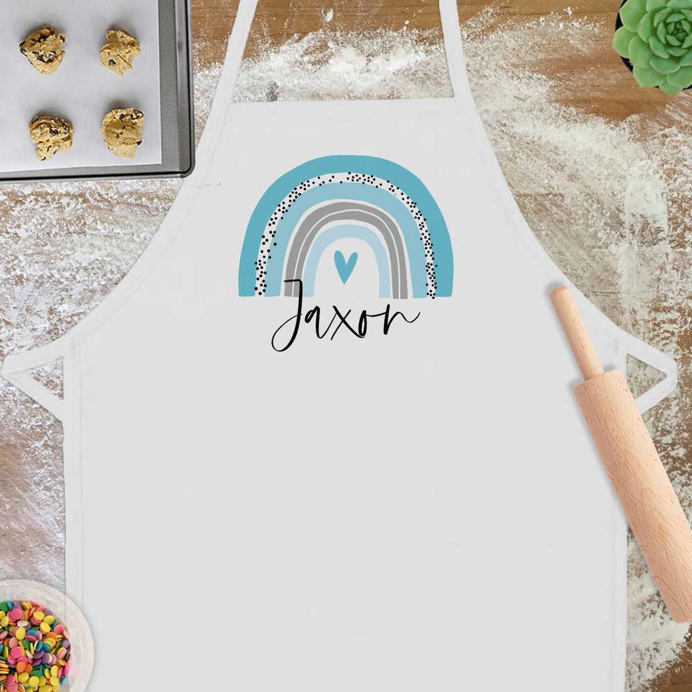 Custom Toddler Boy Apron with Modern Blue and Gray Bohemian Rainbow -  Pastel Blue Boho Rainbow Apron with Name - Little Boys Custom Cooking Apron