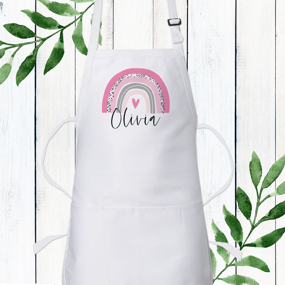 Custom Rainbow Apron for Women - Pink Boho Rainbow Apron with Name -  Custom Cooking Apron for Her - Tween Girl Baking Gift