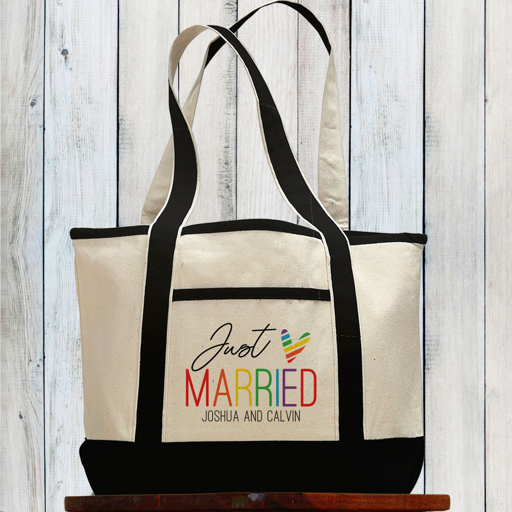 Custom Beach Bag for Honeymoon - Just Married Gift for Same Sex Couple - Custom Beach Tote Bag for Newlyweds - Large Canvas Beach Bag with Handles