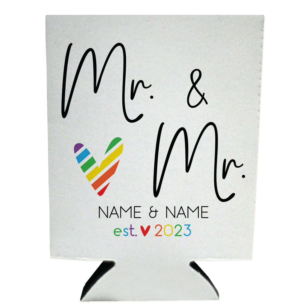 Gay Wedding Favors - Custom Wedding Can Coolers - Personalized Bulk Wedding Can Cozies - Slim Can Sleeves - Mr. and Mr. Same Sex Wedding Can Cozy
