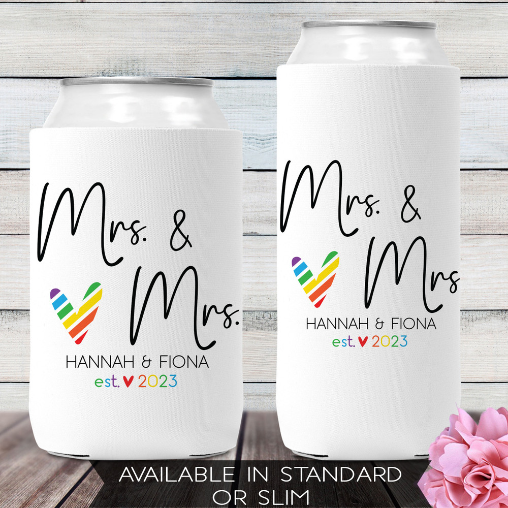 Lesbian Wedding Favors - Custom Wedding Can Coolers - Personalized Bulk Wedding Can Cozies - Slim Can Sleeves - Mrs. and Mrs. Same Sex Wedding Can Cozy