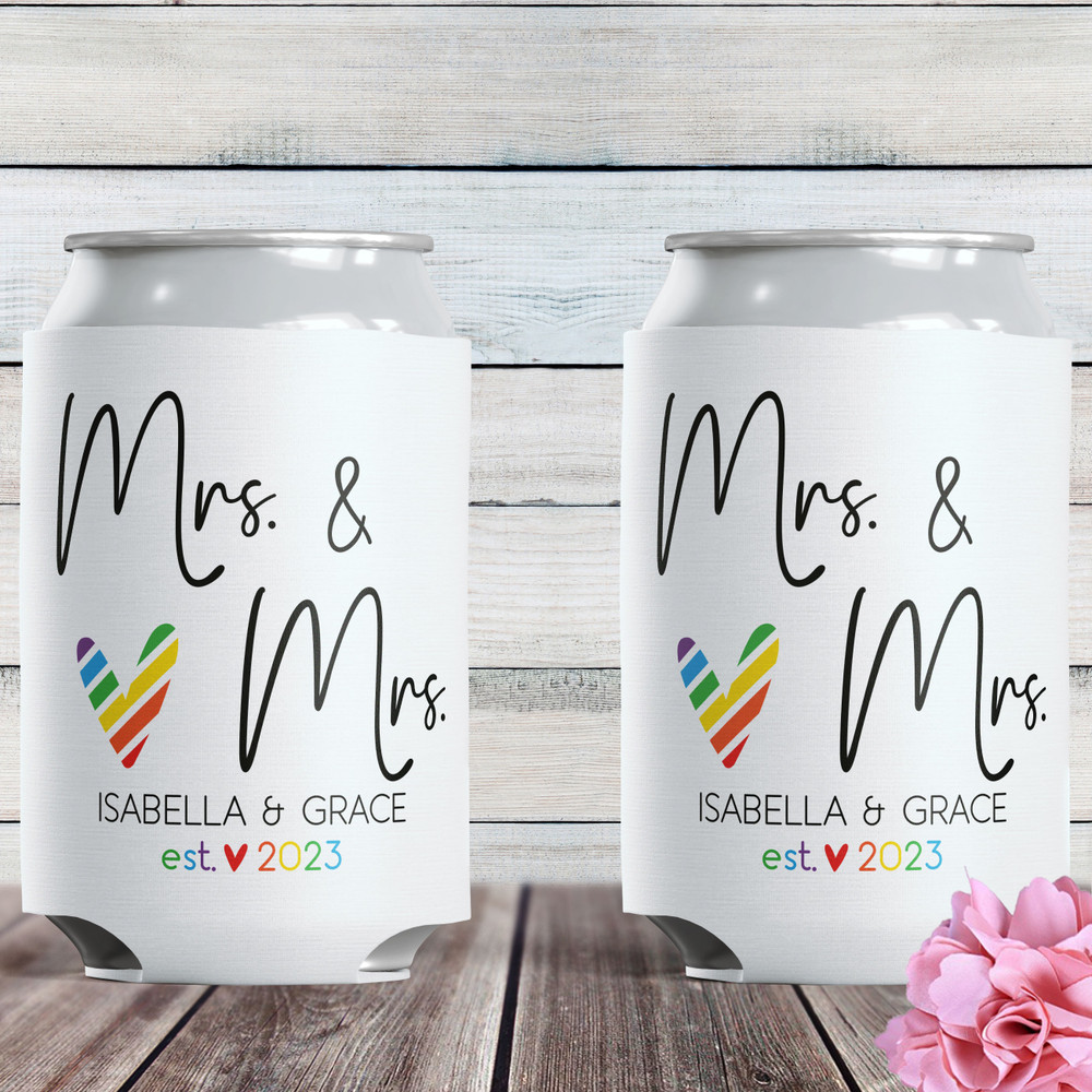 Lesbian Wedding Favors - Custom Wedding Can Coolers - Personalized Bulk Wedding Can Cozies - Slim Can Sleeves - Mrs. and Mrs. Same Sex Wedding Can Cozy