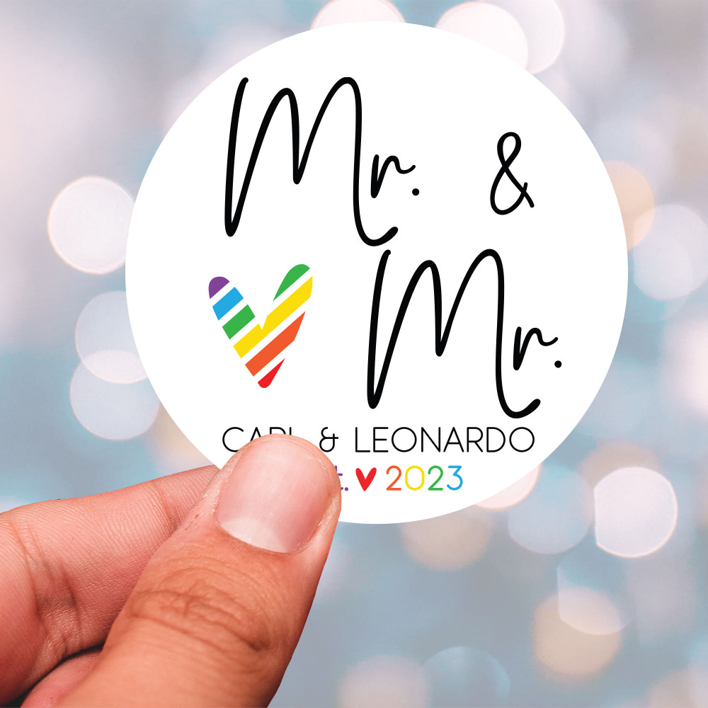 Gay Wedding Favor Labels for Cups - Custom Printed Same Sex Wedding Stickers - Personalized Waterproof Labels - Round Favor Stickers - Bulk Favor Labels - Mr. and Mr. Rainbow Heart Favor Labels