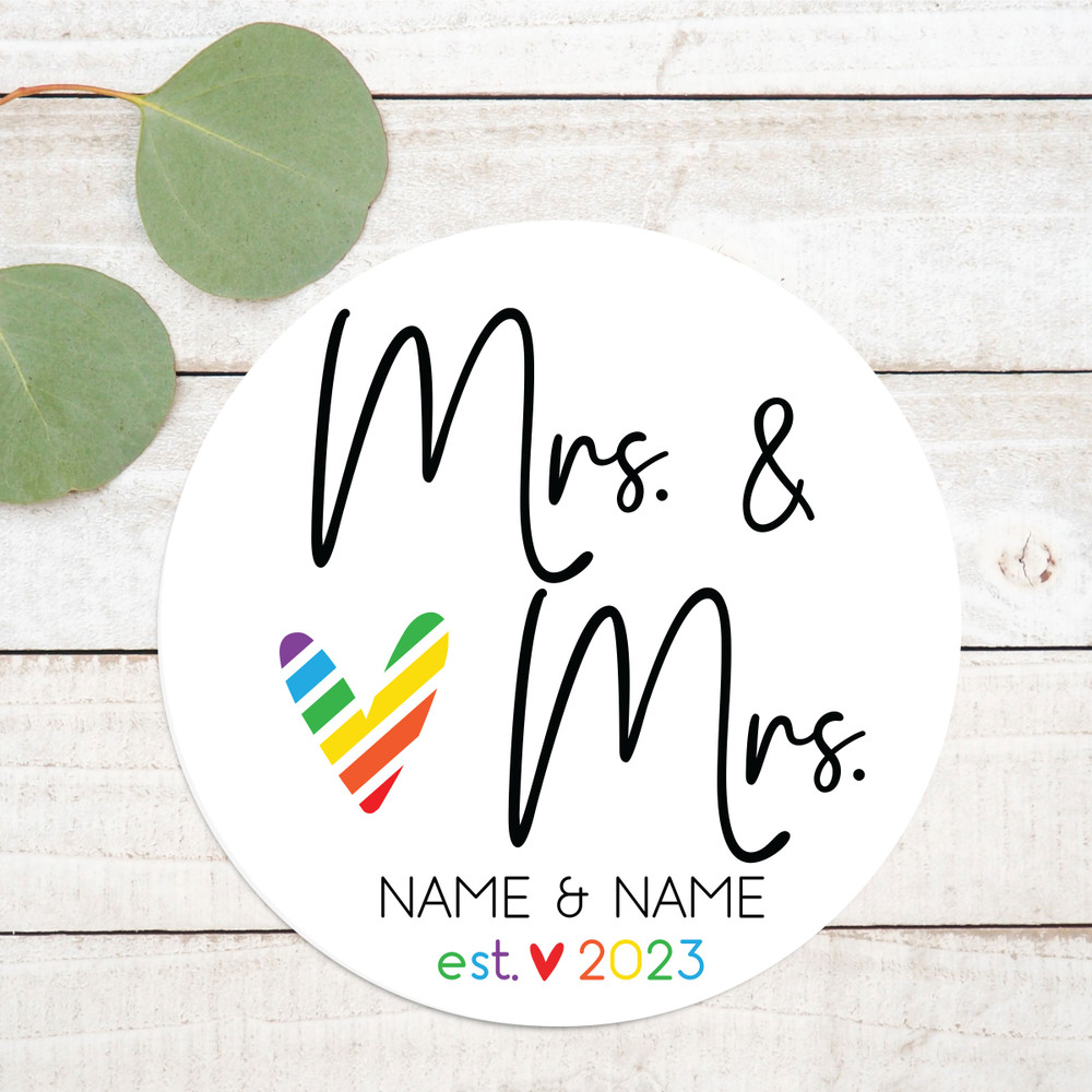 Lesbian Wedding Favor Labels for Cups - Custom Printed Same Sex Wedding Stickers - Personalized Waterproof Labels - Round Favor Stickers - Bulk Favor Labels - Mrs. and Mrs. Rainbow Heart Favor Labels