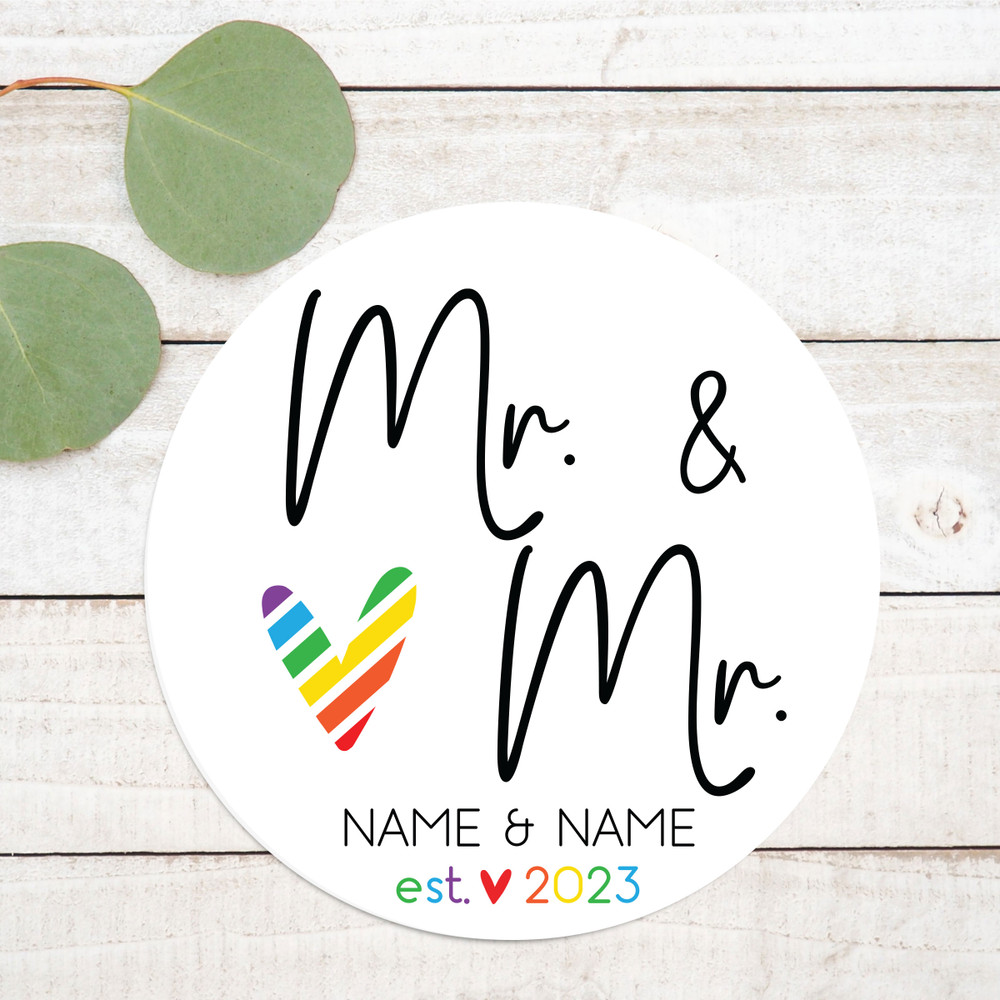 Gay Wedding Favor Labels for Cups - Custom Printed Same Sex Wedding Stickers - Personalized Waterproof Labels - Round Favor Stickers - Bulk Favor Labels - Mr. and Mr. Rainbow Heart Favor Labels