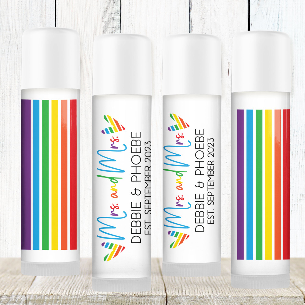 Lesbian Wedding Lip Balm Labels - Custom Lip Balm Stickers - Personalized Wedding Favor Lip Balm Tubes - Rainbow Heart Same Sex Wedding Favors - Mrs. & Mrs. Custom Gay Wedding Chapstick Labels