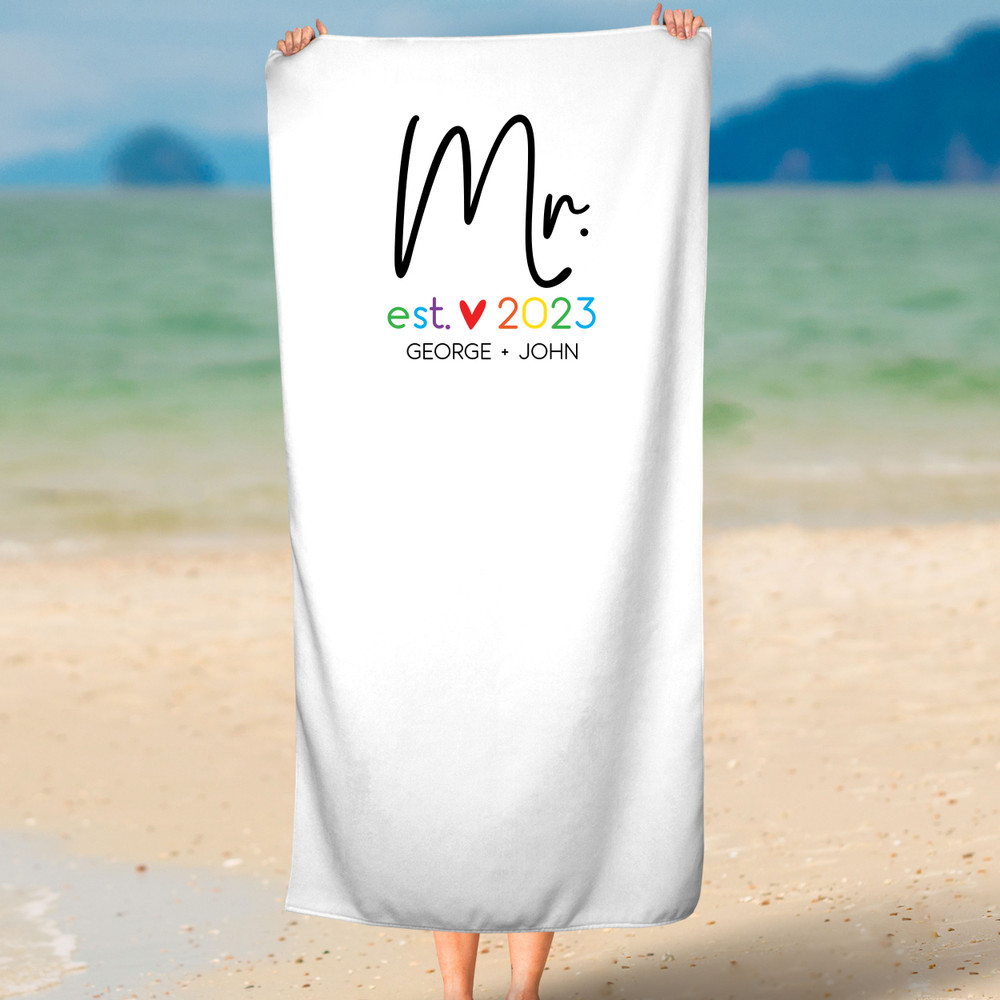 Mr. and Mr. Personalized Honeymoon Beach Towels for Same Sex Couple - Gay Wedding Gift - Beach Towel for Groom - Gift for Husband