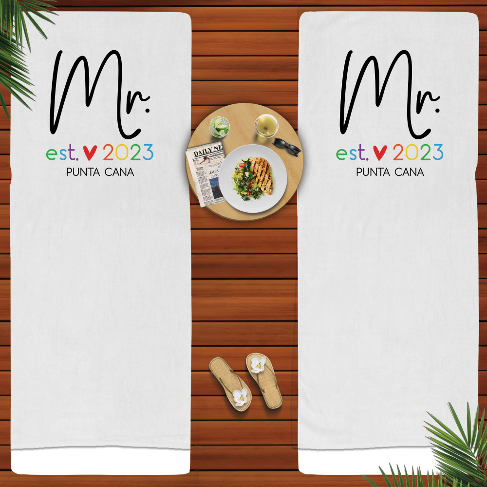 Mr. and Mr. Personalized Honeymoon Beach Towels for Same Sex Couple - Gay Wedding Gift - Beach Towel for Groom - Gift for Husband